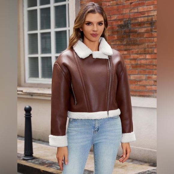 DIASHINY Faux Shearling Leather Jacket Brown Sherpa Moto Cropped Medium New - Picture 2 of 6